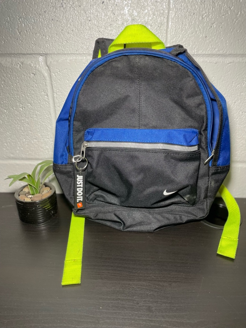 Nike Black and Blue Mini Backpack with Neon Yellow Straps